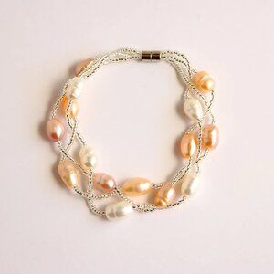 Layered Freshwater Pearl Bracelet – Pink Peach Ivory – Sterling Silver Clasp